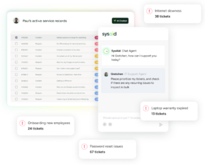 SysAid Service Desk ITSM dashboard shows ticket counts for internet slowness, onboarding, password reset, and warranties. - SysAid