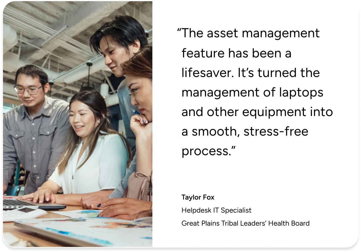 Four people collaborate at a desk, viewing a laptop. SysAid ITAM testimonial highlights effective asset management tools. - SysAid