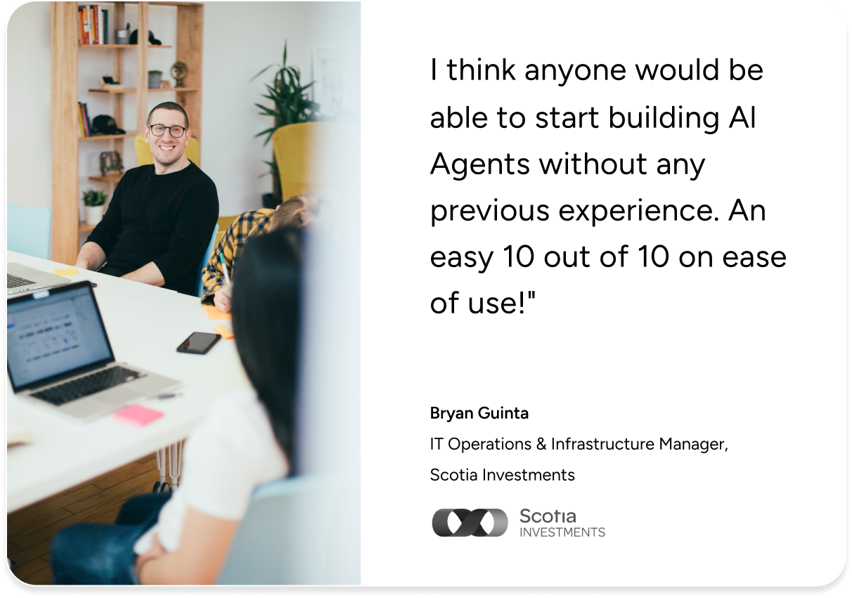 A satisfied user in a modern office shares how SysAid AI agents simplify ITSM tasks, laptops open on the desk. - SysAid