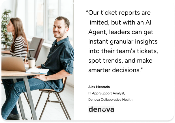 Two people using laptops collaborate on ITSM solutions; AI quote highlights enhanced ticket reports with SysAid branding. - SysAid