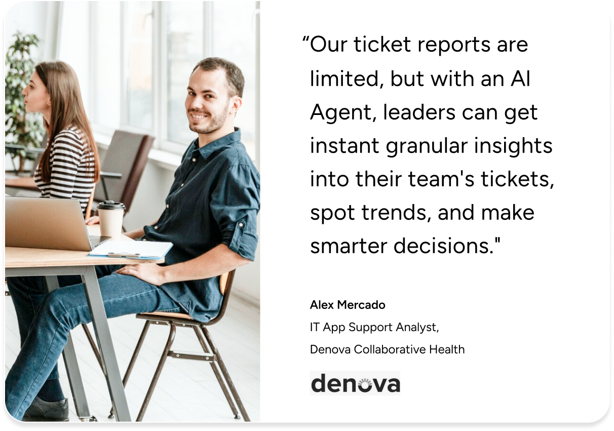 Two IT professionals at a desk with laptops and an AI quote, highlighting SysAid’s Ticketing System efficiency. - SysAid