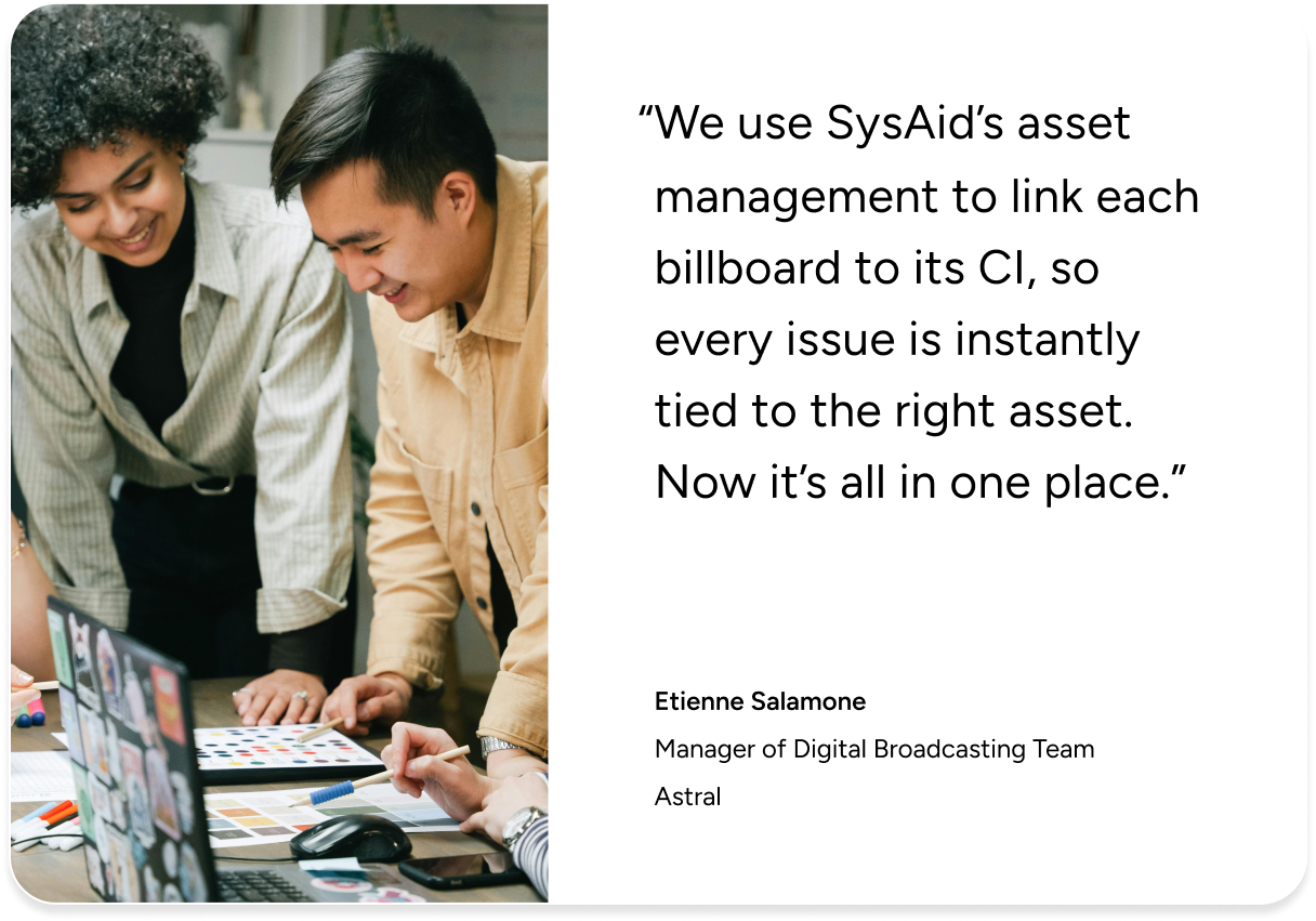 Two people collaborating at a desk highlight ITAM in SysAid, with an asset management quote from Etienne Salamone of Astral. - SysAid