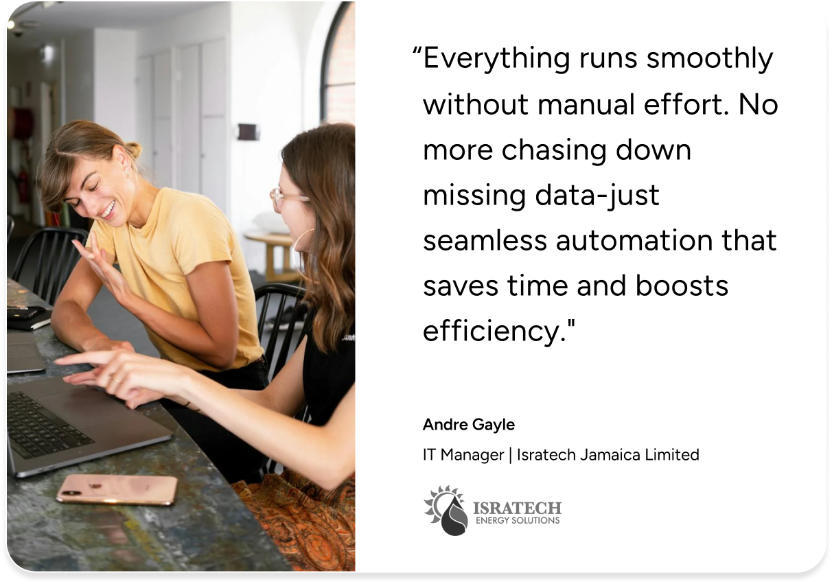 Two women at laptops discuss work; SysAid testimonial highlights ITSM automation benefits on the screen. - SysAid