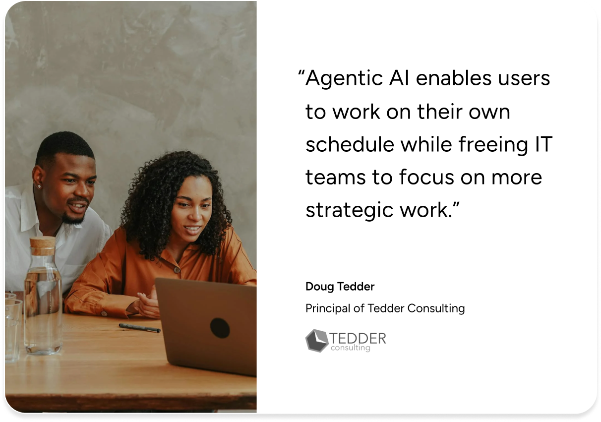 Two people review a laptop as SysAid ITSM enables smarter scheduling and empowers IT teams, with a quote from Doug Tedder. - SysAid