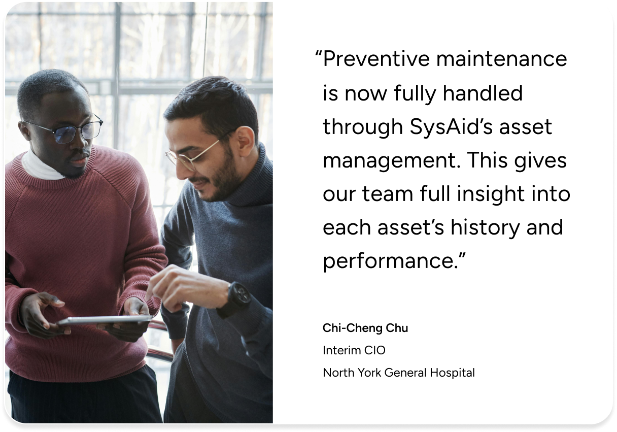 Two men discuss ITAM best practices using a tablet, highlighting SysAid’s asset management in healthcare ITSM. - SysAid