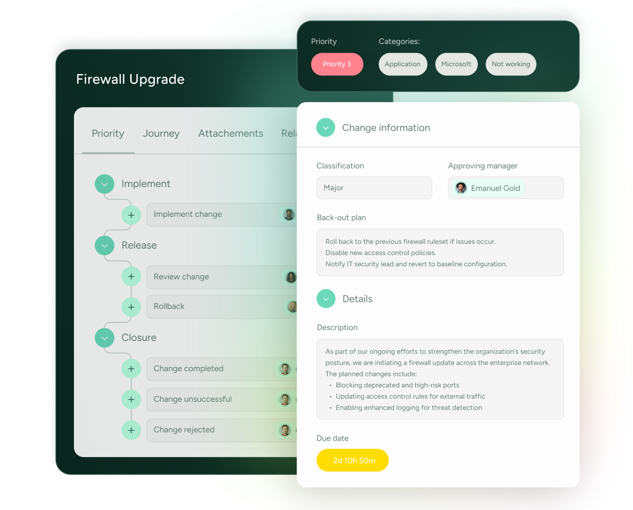 ITSM project dashboard in SysAid showing Firewall Upgrade task details, priorities, categories, and rollout status. - SysAid