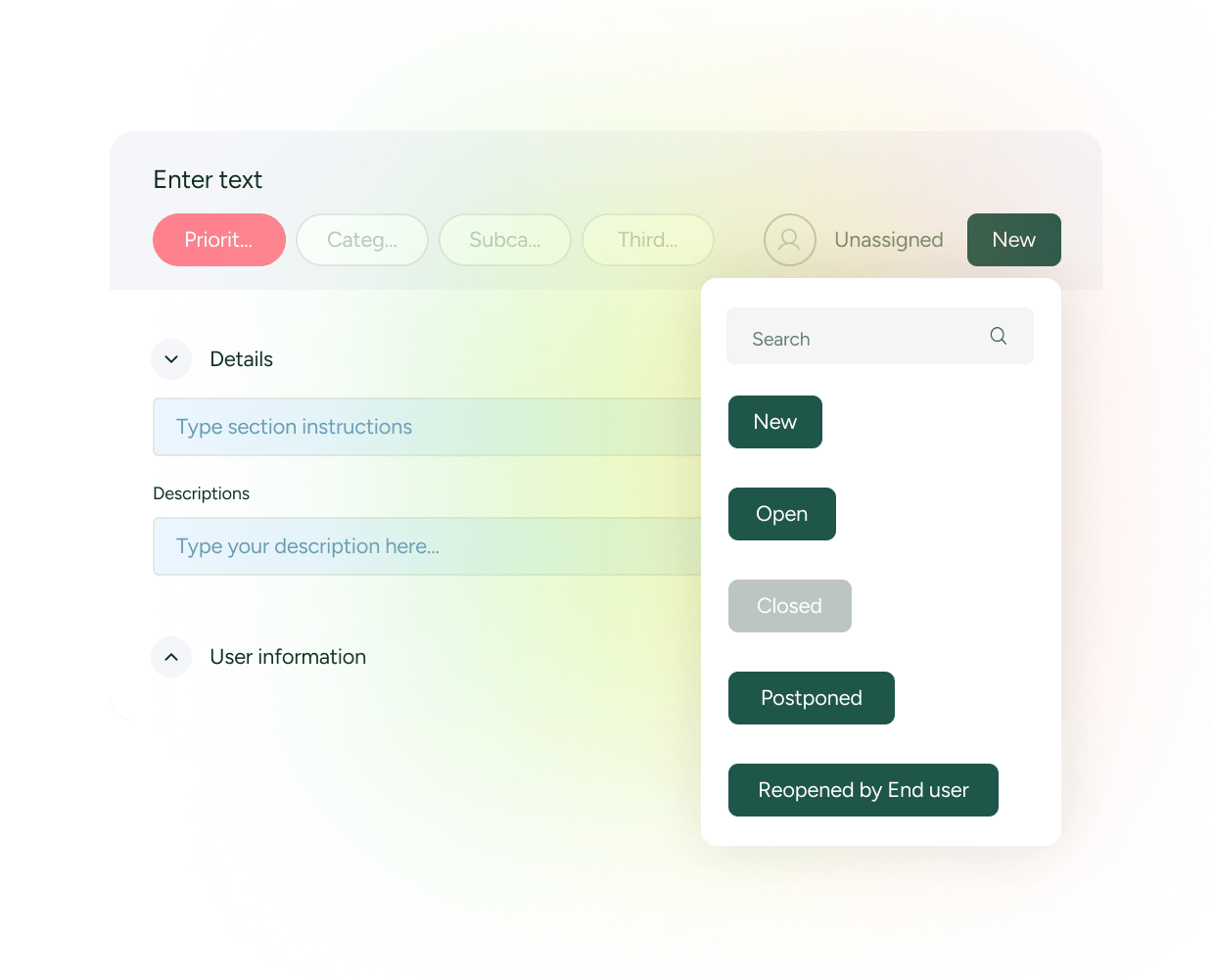 SysAid ITSM interface with status dropdowns—New, Open, Closed—streamlining ITSM ticket management. - SysAid