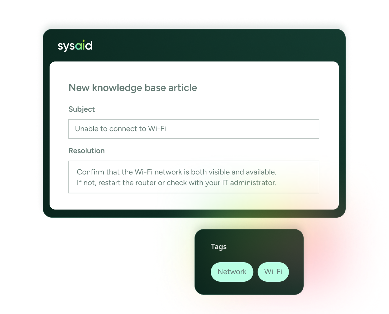 SysAid ITSM interface displaying a new knowledge base article form on Wi-Fi connection issues, with fields and relevant tags. - SysAid