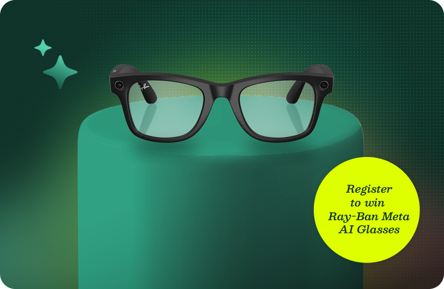 Black eyeglasses on a green pedestal; register to win and explore SysAid’s ITSM solutions for seamless service management. - SysAid