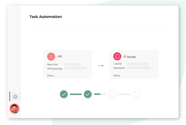 Illustration of a task automation interface showing hr and it issue workflows on a computer screen.