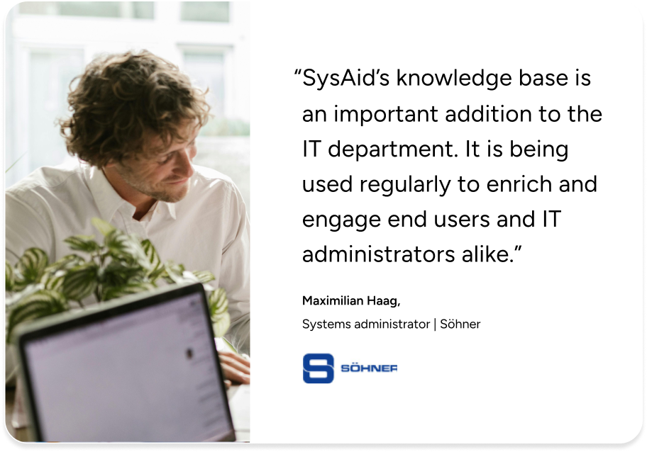 A systems administrator reviews SysAid’s knowledge base on a laptop, highlighting ITSM benefits with a client testimonial. - SysAid