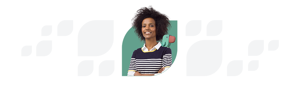 A young woman with curly hair, wearing a striped sweater and backpack, smiling against a green abstract background.