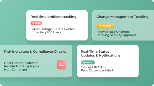 SysAid ITSM dashboard with real-time problem tracking, change management, risk indicators, and status updates. - SysAid