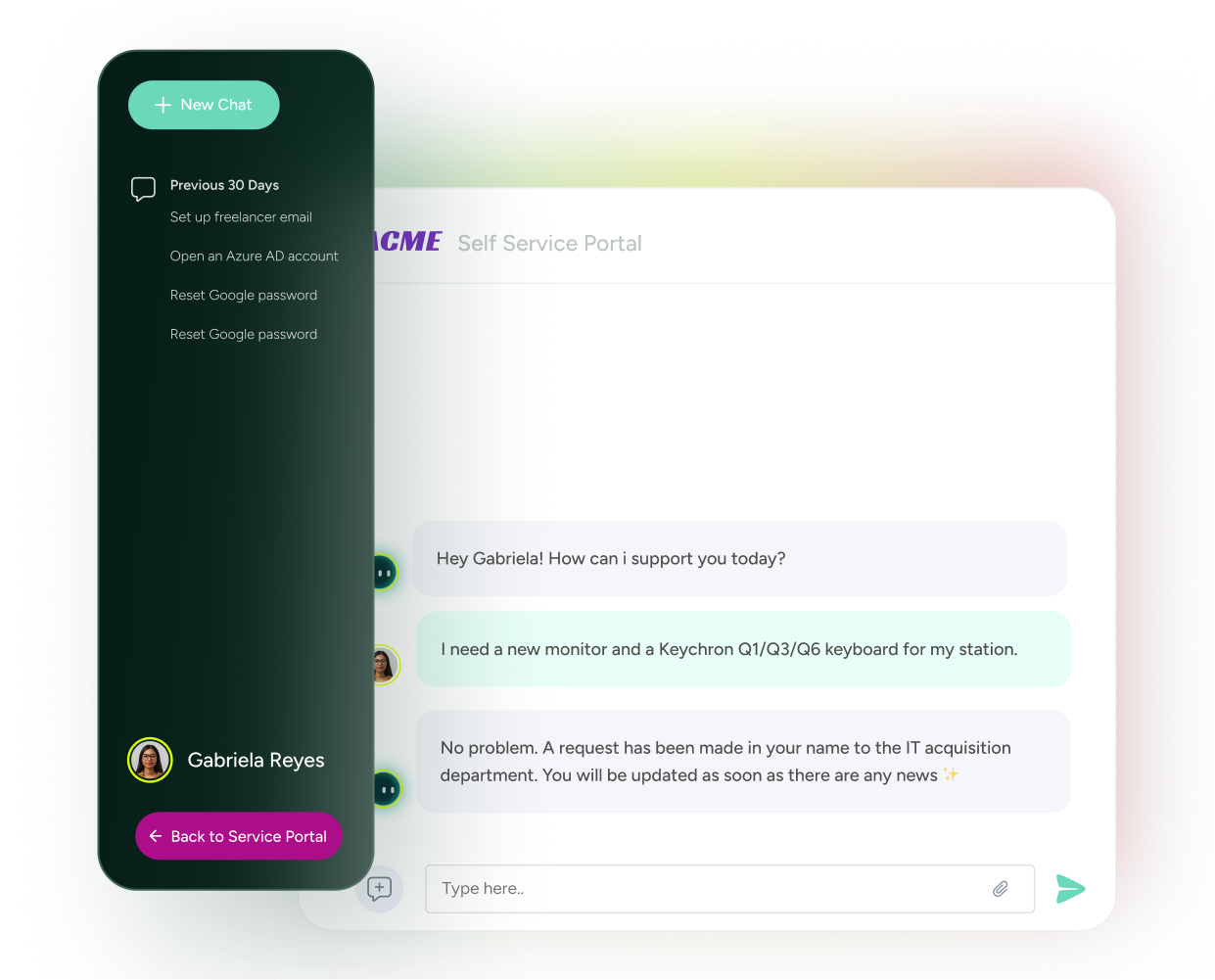 SysAid ITSM chatbot interface assists with monitor and keyboard requests, showing chat history and user profile for support. - SysAid