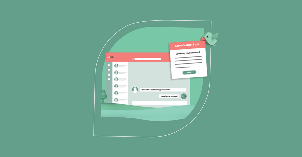 Illustration showing a chat interface on a green background for ITSM, with password update tips and a bird icon enhancing user experience. - SysAid