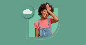 A woman in overalls and a pink shirt, smiling with closed eyes and touching her head, stands against a green background within a stylized letter "d" with a cloud icon.