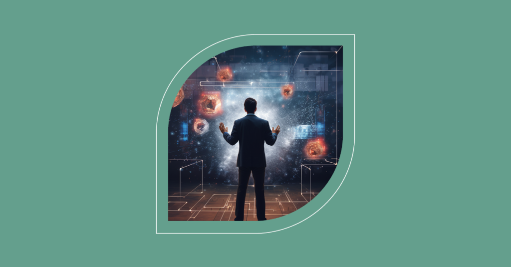A person engages with a digital interface, illustrating 2024 ITSM trends, against a tech-inspired abstract backdrop. - SysAid