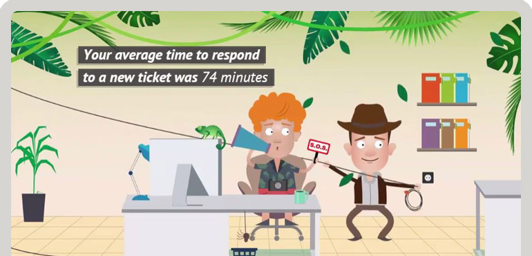 Two men in an office use ITSM; one logs ticket times while the other communicates with a megaphone, surrounded by jungle decor. - SysAid