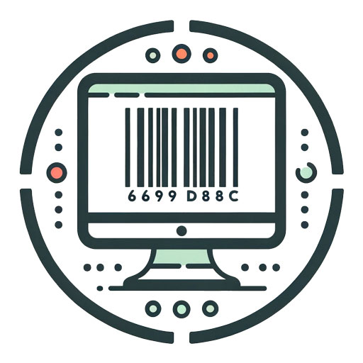Icon of a computer monitor displaying a barcode, surrounded by a circular frame with control buttons.