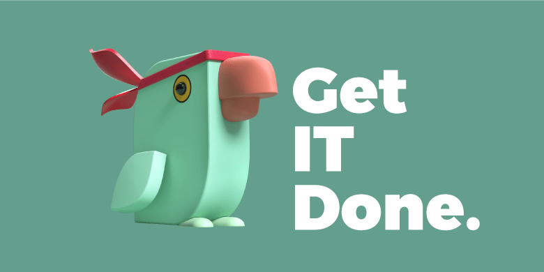 A green cartoon parrot with a red headband beside "Get IT Done" text, symbolizing SysAid's efficient Service Desk solutions. - SysAid