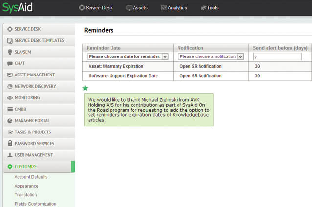 Contributions feature in SysAid