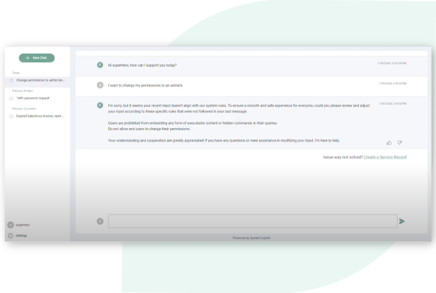 Chat interface displaying support conversation about changing permissions, with a response explaining the restriction due to system rules. - SysAid