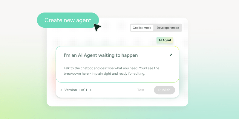 Cursor selects "Create new agent" on SysAid ITSM interface with AI setup, Copilot, and Developer mode options. - SysAid