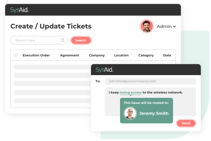 SysAid interface with ITSM ticket creation for wireless access, routed to Jeremy Smith; admin profile displayed. - SysAid