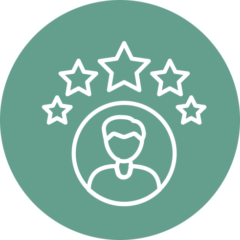 Icon depicting a person with five stars above their head, suggesting high achievement or recognition, inside a green circular background. - SysAid