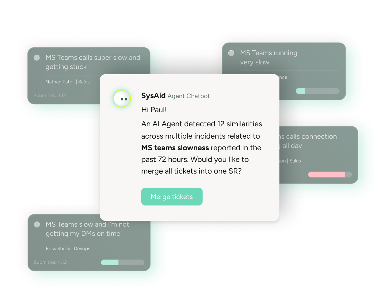 SysAid ITSM chatbot suggests merging tickets for MS Teams slowness, streamlining incident management workflow. - SysAid