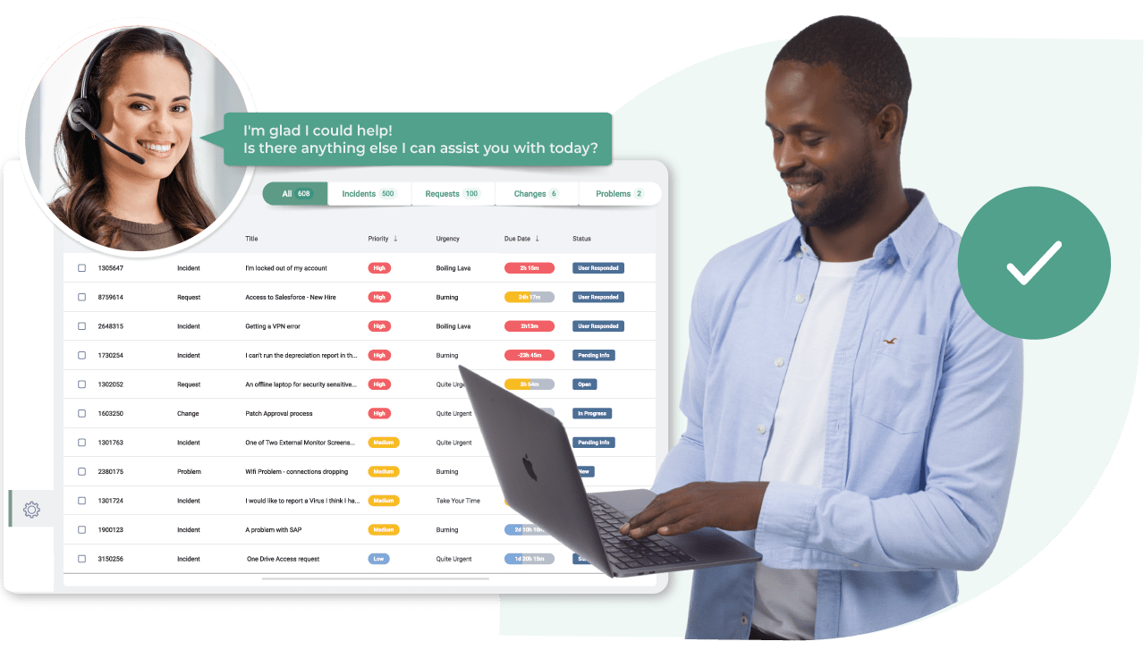 ITSM agent assists via SysAid dashboard on laptop, streamlining support through an efficient Service Desk interface. - SysAid