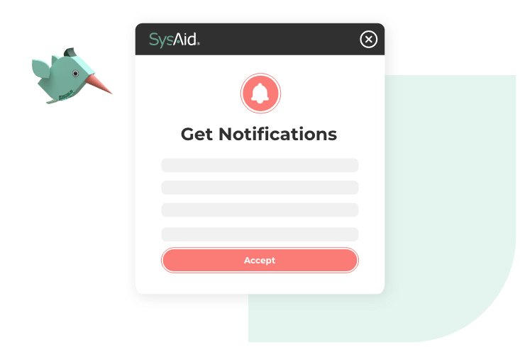 Illustration of a notification pop-up with "Get Notifications" and an "Accept" button, linking ITSM to proactive service management. - SysAid