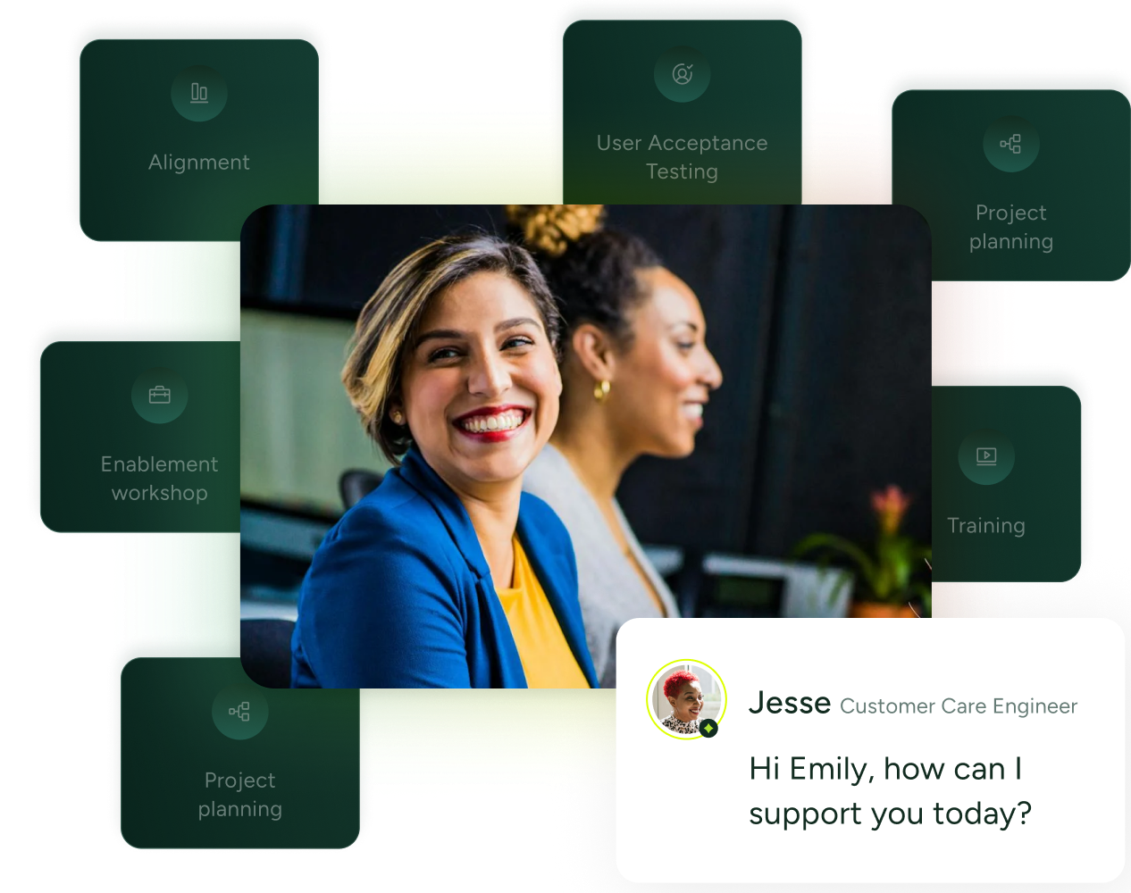 Two women in an office use SysAid Service Desk, chatting with a Customer Care Engineer about ITSM support needs. - SysAid