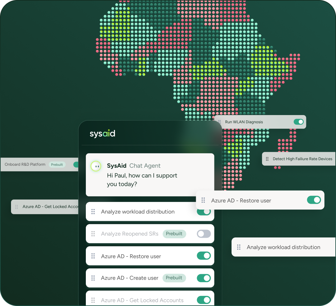SysAid ITSM interface with chat and workflows over a vibrant Africa map, highlighting IT support automation. - SysAid