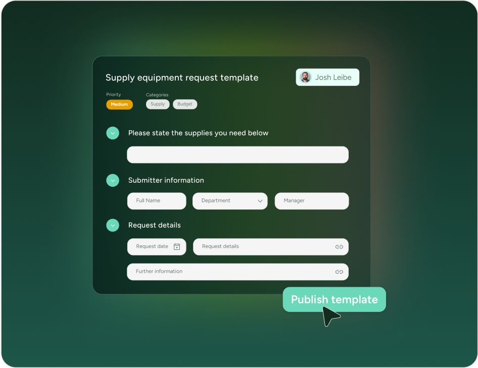 Supply request template form for ITSM; fields for supplies, requester info, details; Publish button streamlines Service Desk. - SysAid