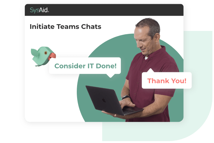 Man in maroon shirt using laptop with SysAid banner, integrating ITSM for streamlined communication via Teams Chats. - SysAid