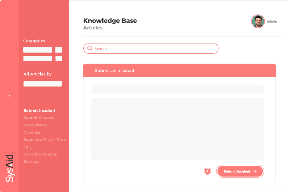 Screenshot of a knowledge base interface with menu options on the left, a search bar at the top, and a "submit an incident" form with a "submit incident" button on the right.