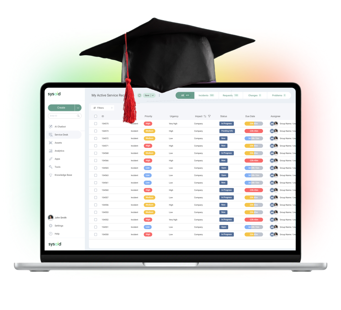 Laptop shows ITSM dashboard with colored status tags, profile icons, and a graduation cap, symbolizing training in SysAid. - SysAid