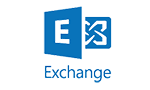 Logo of microsoft exchange, featuring a stylized white letter 'e' in a blue square and a light blue '@' symbol in a separate blue square, with the word "exchange" beneath.