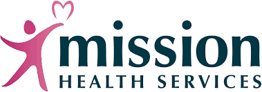 Logo of mission health services featuring a stylized figure with arms raised next to a pink heart, above the text "mission" in lowercase blue letters.
