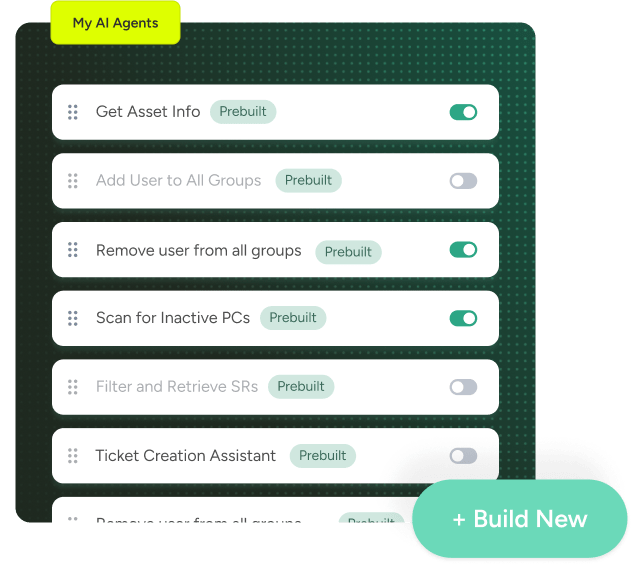 SysAid ITSM interface showing AI agent task list with toggle options and a "+ Build New" button for streamlined service management. - SysAid