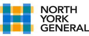 Logo of north york general featuring a grid of blue and orange squares next to the hospital's name in gray and blue text.