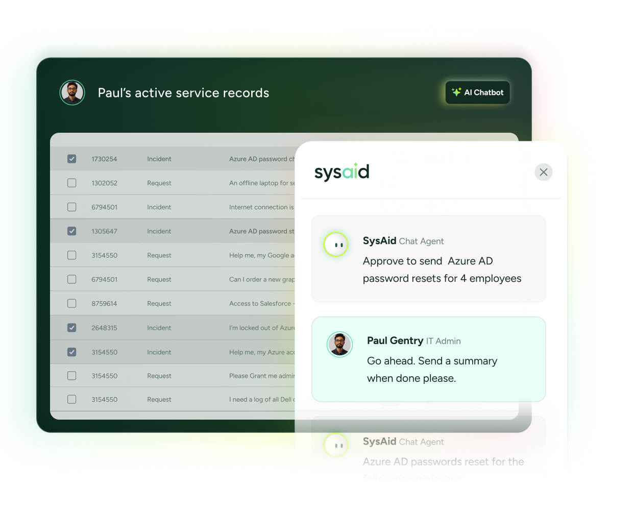 SysAid ITSM dashboard displaying active service records and chat support for Azure AD password reset approval. - SysAid