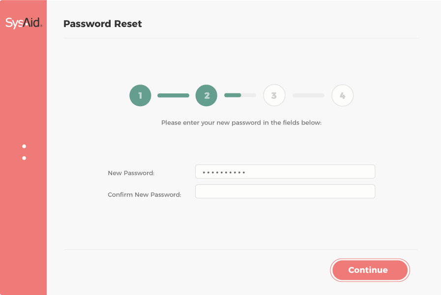 Screenshot of a password reset page with fields for entering and confirming a new password, and a "continue" button.