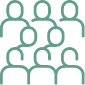 Icon of a group of seven people with simple line art design; four in the front row and three offset in the back.