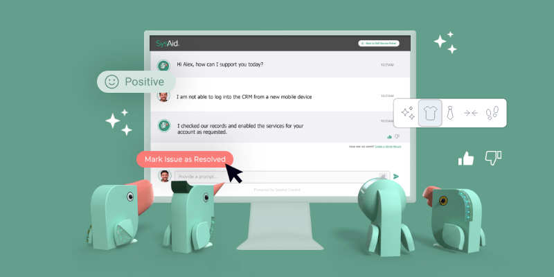 SysAid ITSM interface with customer support chat, observed by teal bird icons, highlighting satisfaction and resolution. - SysAid