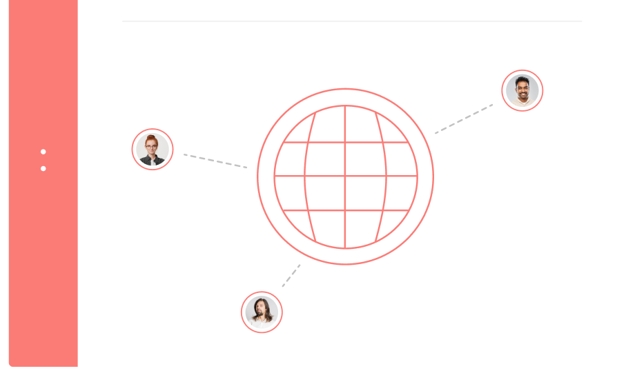 Illustration of a global network with three connected user icons around a stylized globe, depicted in a minimalistic red and white color scheme.
