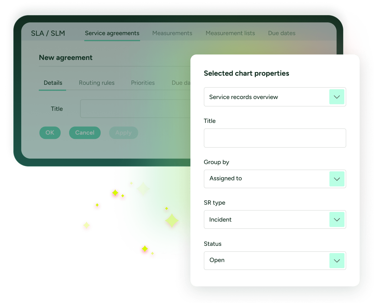 SysAid ITSM interface displaying service agreements and customizable chart options to optimize IT service management. - SysAid