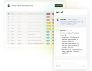 SysAid ITSM dashboard displays service records and AI chat giving contract renewal dates for three listed solutions. - SysAid