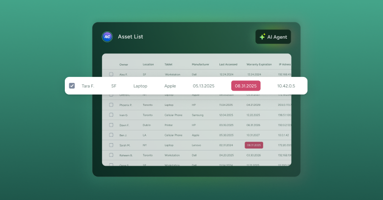SysAid ITAM dashboard with asset list, highlighted device details, owner info, and key ITSM data in a pop-up overlay. - SysAid